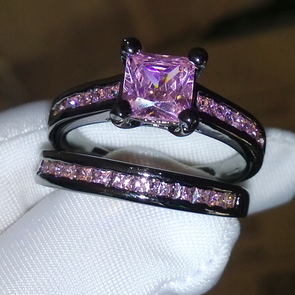Pink And Black Wedding Ring Sets
 Victoria Wieck Princess Pink sapphire Simulated diamond