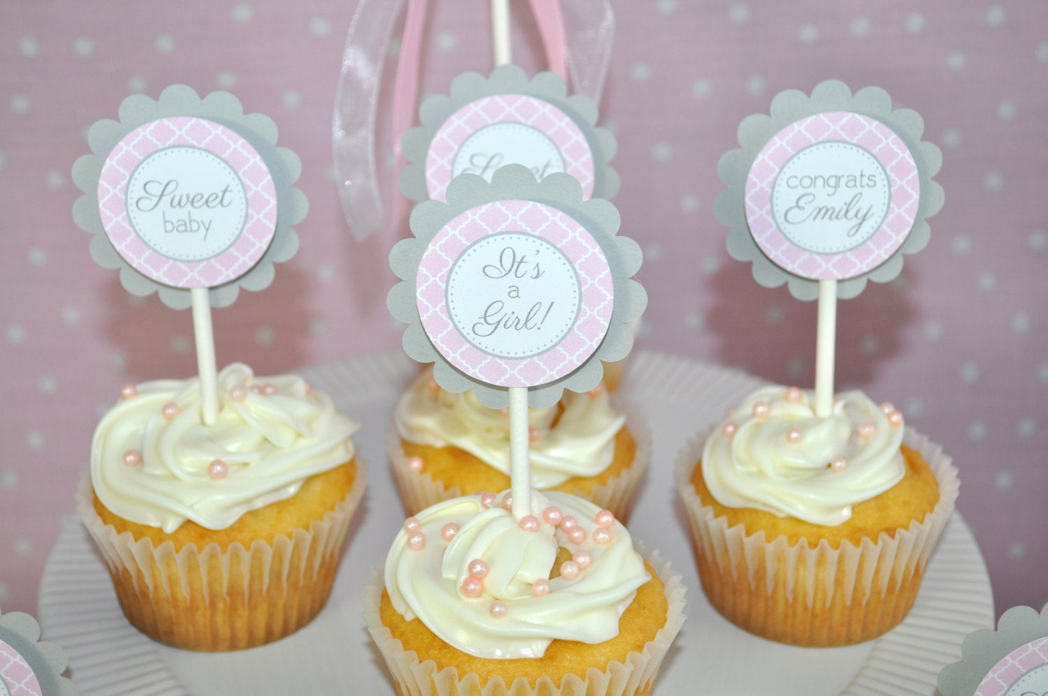 Pink Baby Shower Cupcakes
 Girls Baby Shower Cupcake Toppers Pink and Gray Girl Baby