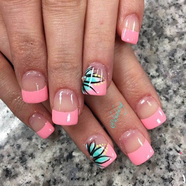 Pink French Tip Nail Designs
 Hot Pink French Nails With Tiffany Blue Flowers and Neon