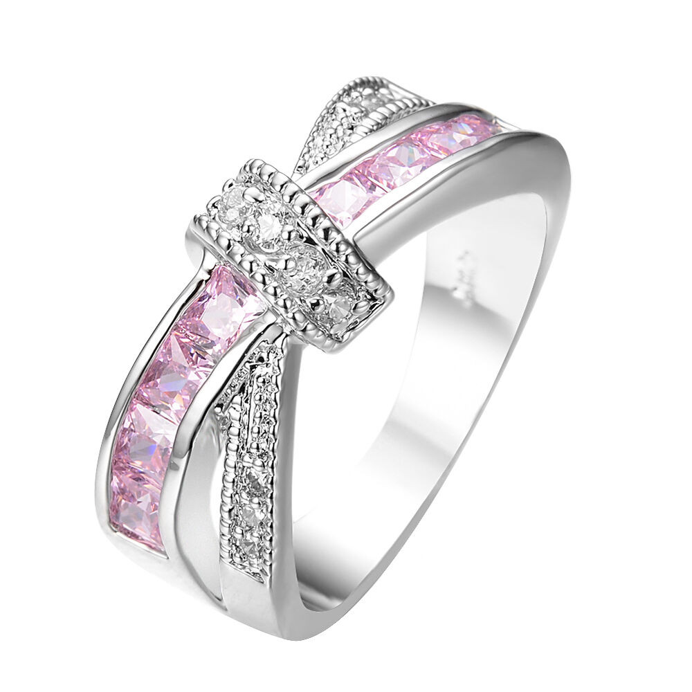 Pink Sapphire Wedding Bands
 Pink Sapphire CZ Criss Cross Wedding Ring Women s 10KT