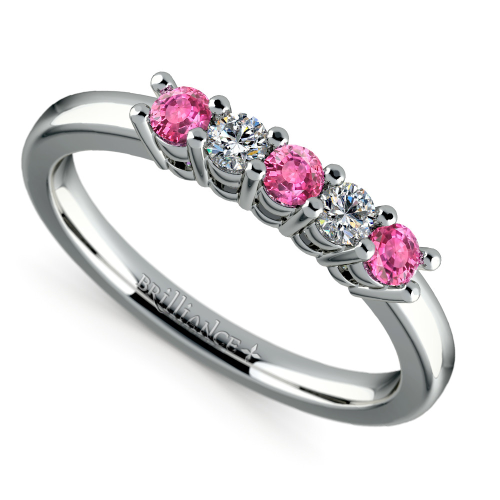 Pink Sapphire Wedding Bands
 Five Diamond & Pink Sapphire Wedding Ring in White Gold 1