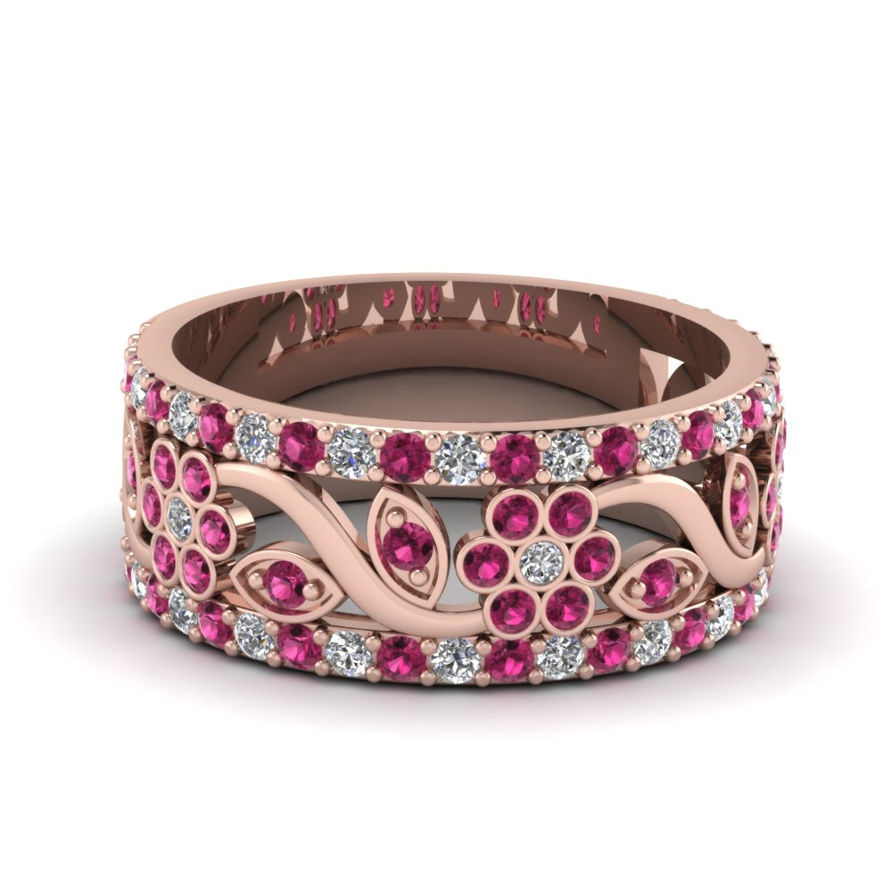 Pink Sapphire Wedding Bands
 Flower Wide Diamond Anniversary Band With Pink Sapphire In
