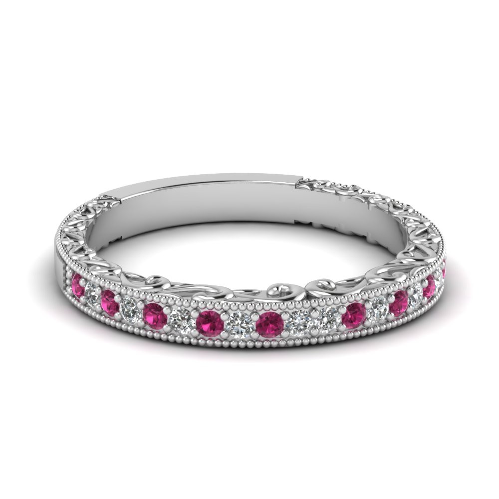 Pink Sapphire Wedding Bands
 Milgrain Hand Engraved Diamond Wedding Band With Pink