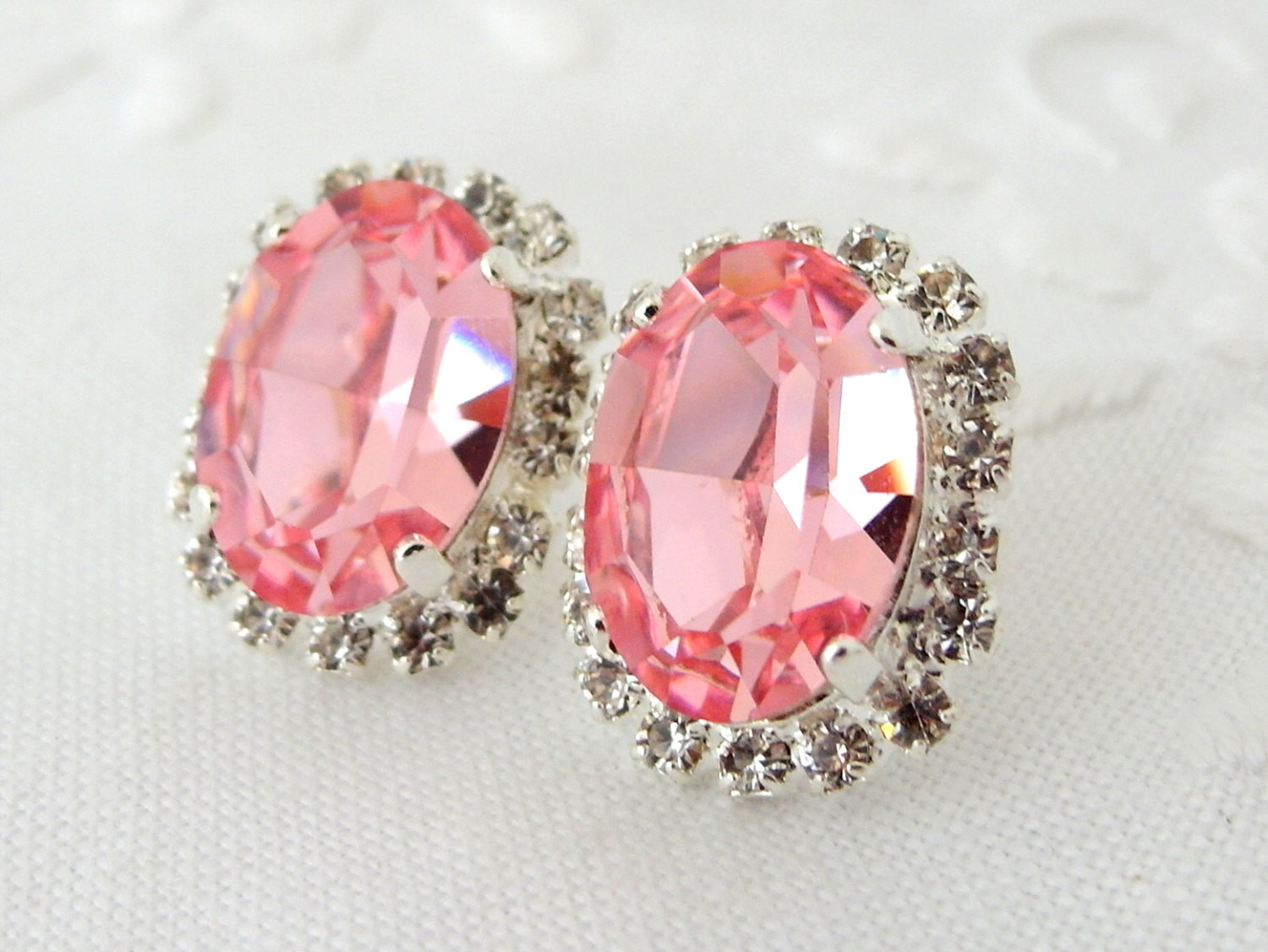 Pink Stud Earrings
 Pink Swarovski Crystal oval stud earring Silver plated stud