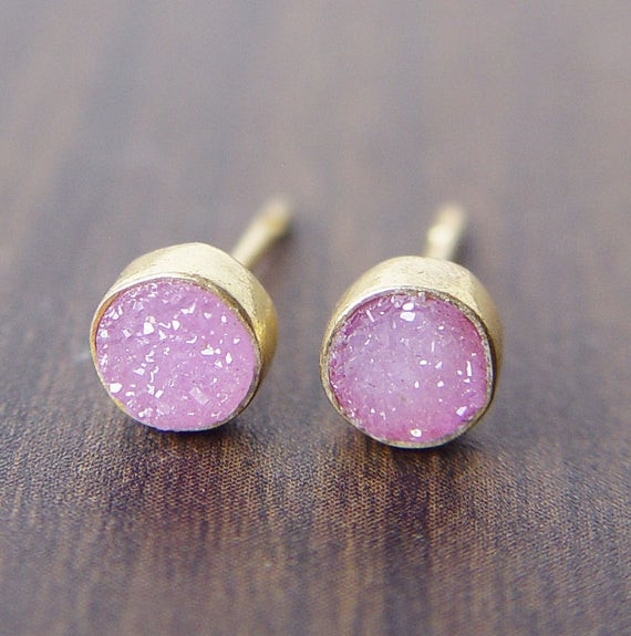 Pink Stud Earrings
 Pink Druzy Stud Earrings 14k Gold Posts