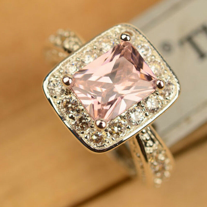 Pink Wedding Rings
 Diamonique Silver Pink Square Topaz Gemstone Women Bridal