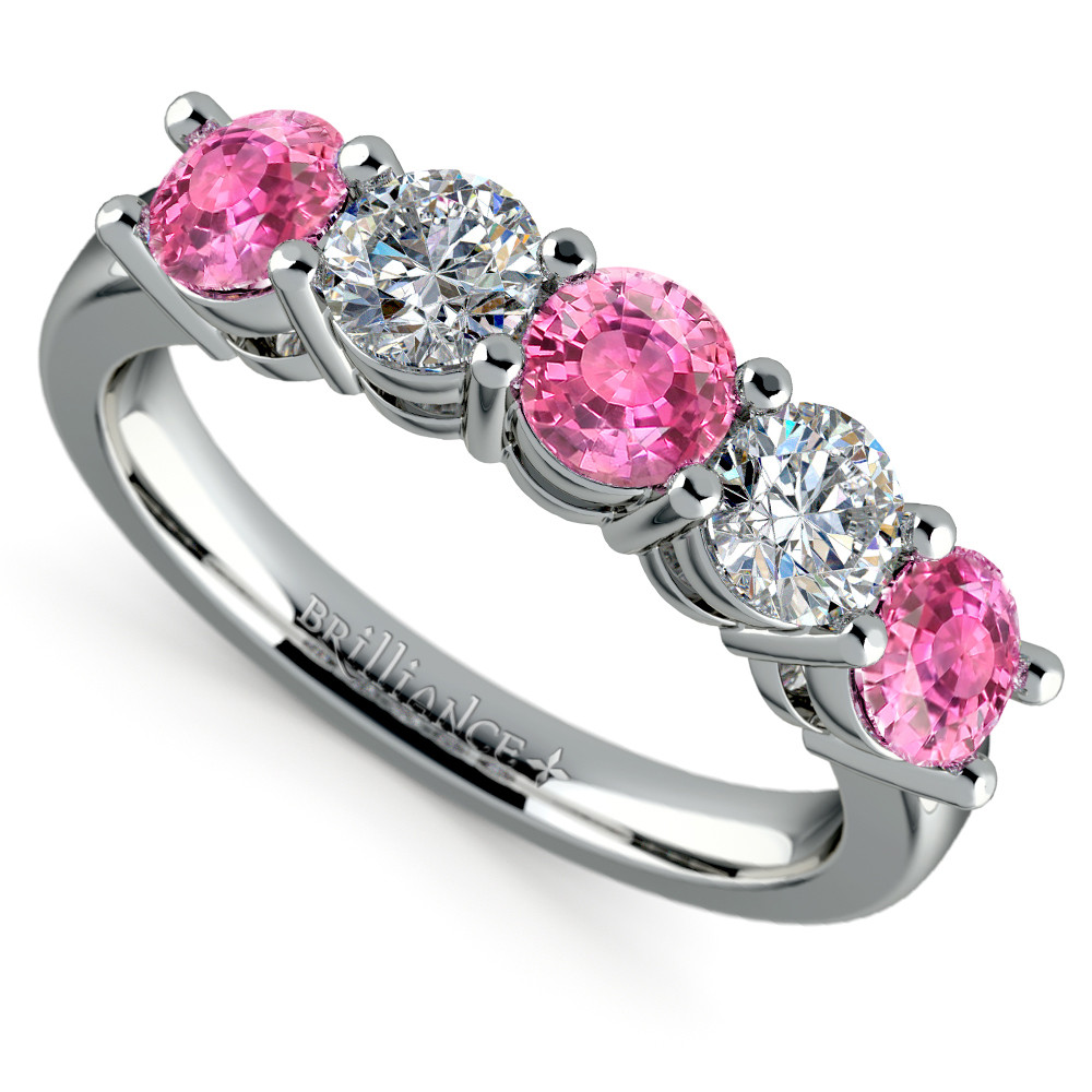 Pink Wedding Rings
 Five Pink Sapphire & Diamond Wedding Ring in White Gold 1