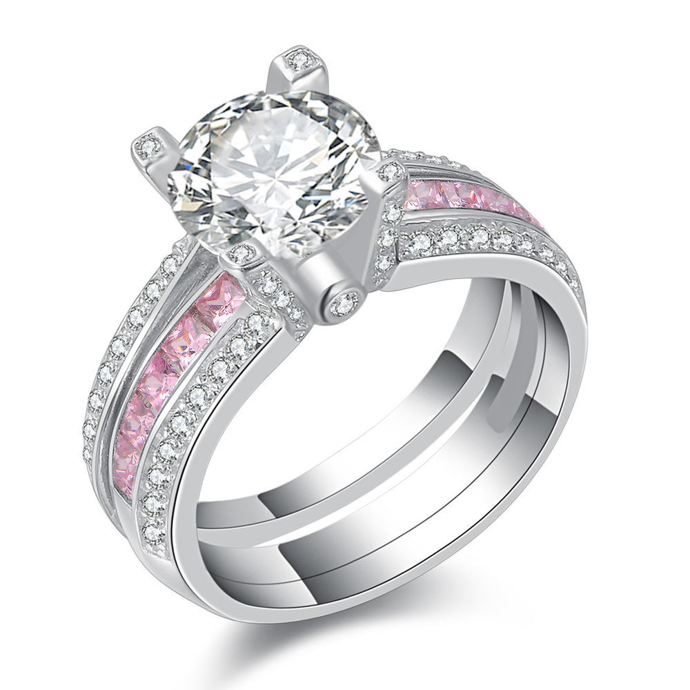 Pink Wedding Rings
 Round Pink Sapphire White CZ 925 Sterling Silver Wedding