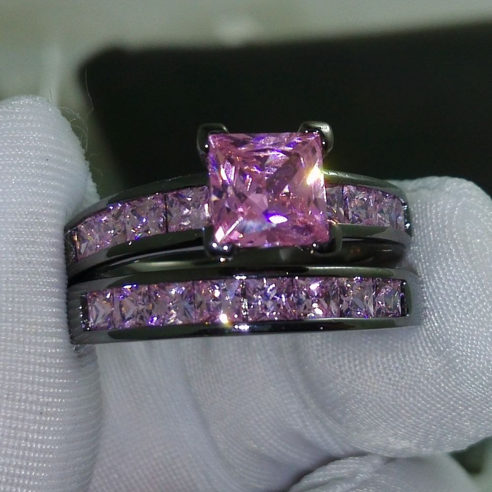 Pink Wedding Rings
 Sz 5 10 Princess Cut Pink sapphire 10kt black Gold Filled
