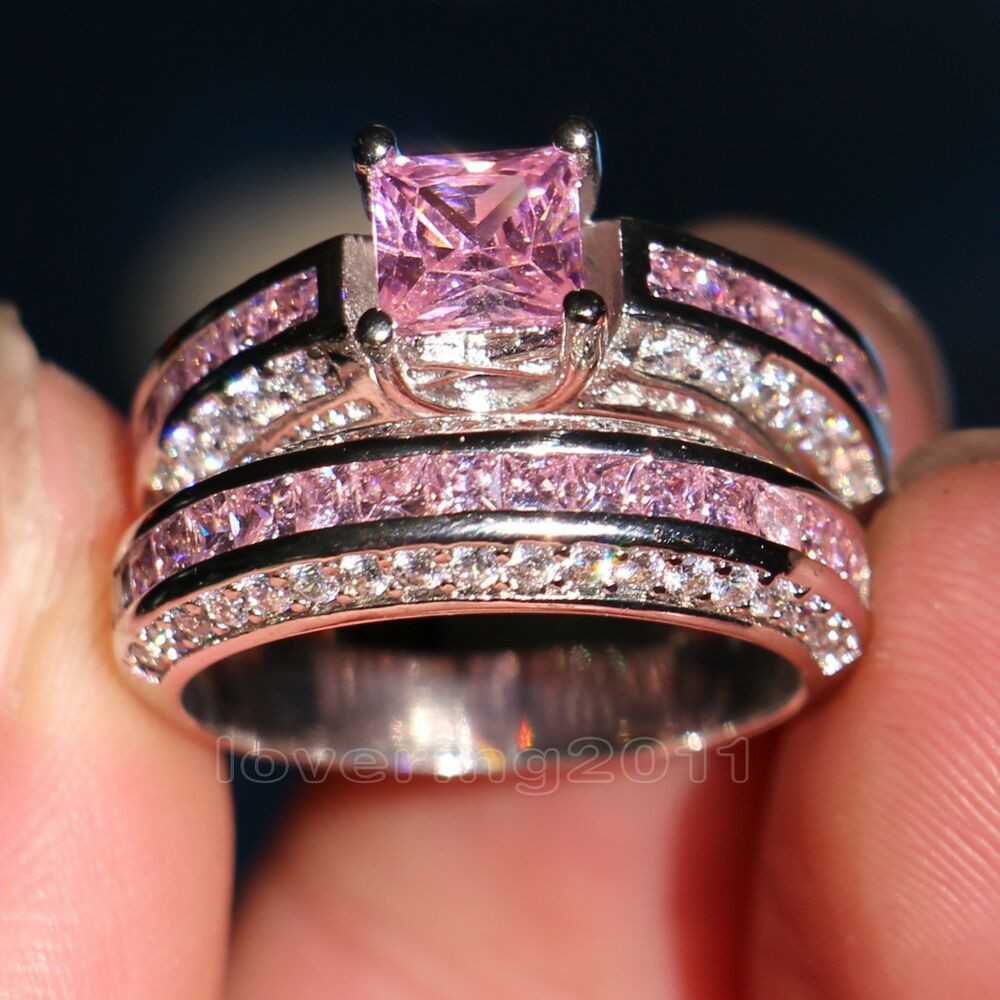 Pink Wedding Rings
 Brand Pink Sapphire Diamonique 10KT White Gold GF Wedding