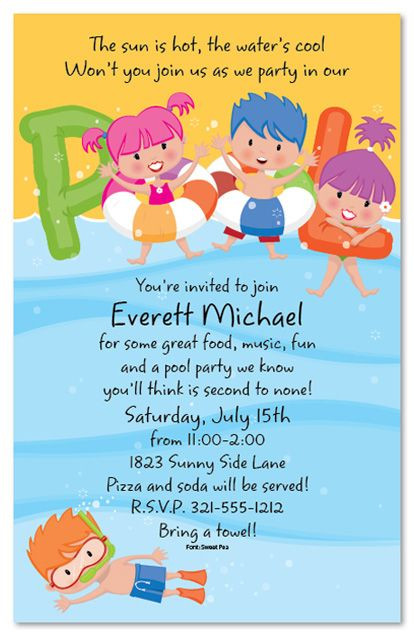 Pool Party Invitation Wording Ideas
 Pool Party Kids Birthday Party Invitations