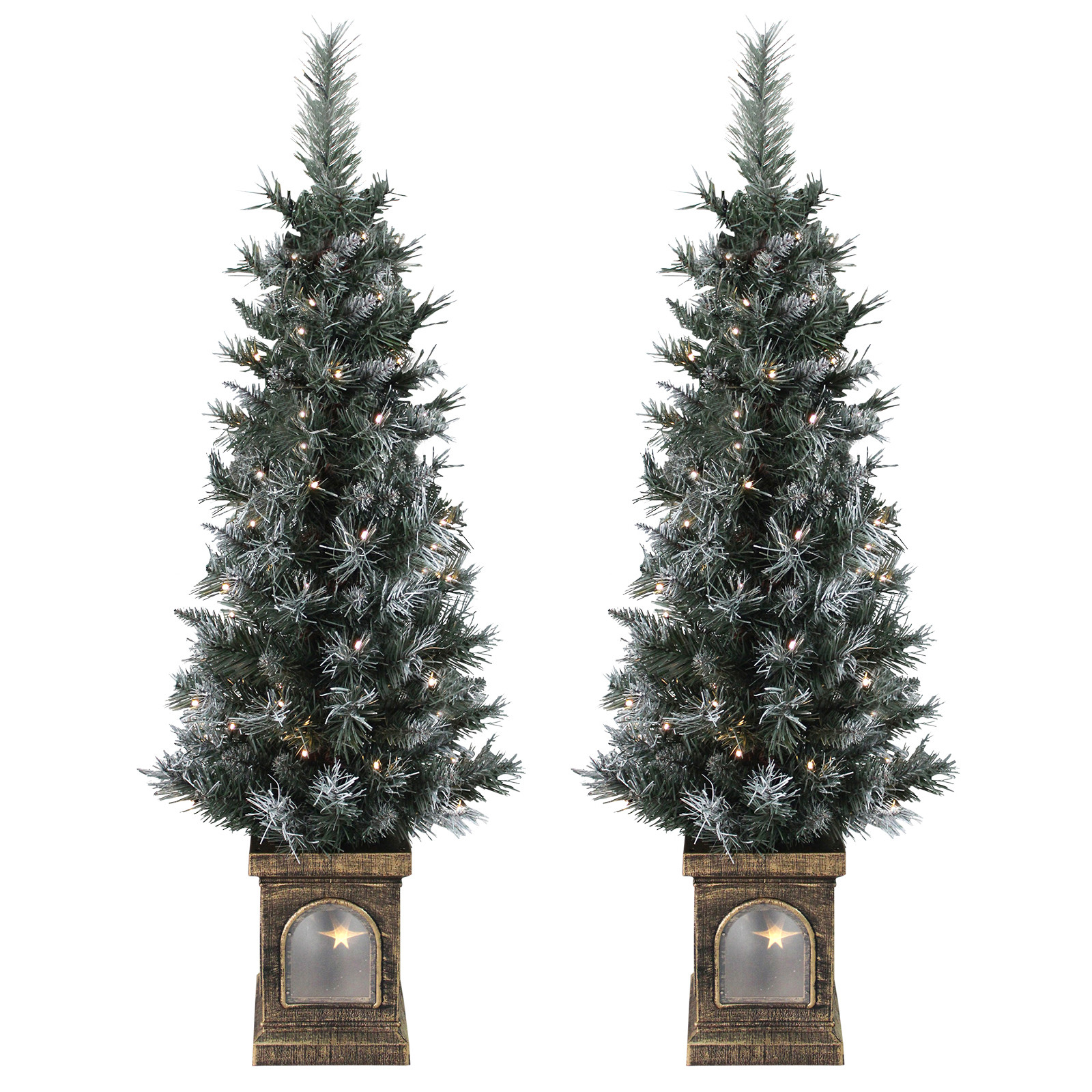 Pre Lit Outdoor Christmas Trees
 Set 2 Pre Lit 4ft 120cm Frosted Christmas Xmas