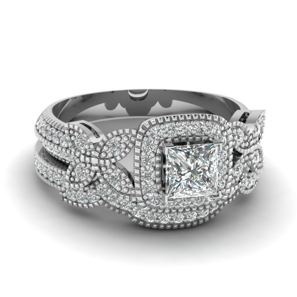 Princess Cut Diamond Wedding Sets
 Princess Cut Halo Diamond Wedding Ring Set In 18K White