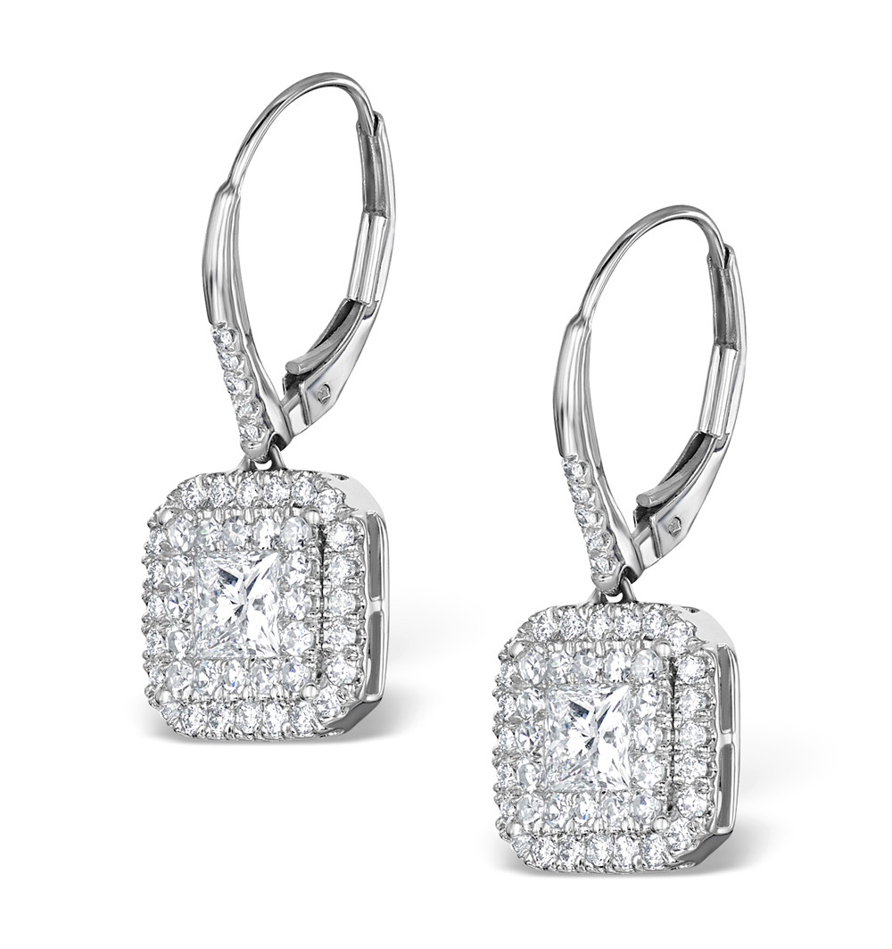 Princess Cut Earrings
 Diamond Halo Princess Cut Drop Earrings 1 75ct 18K White