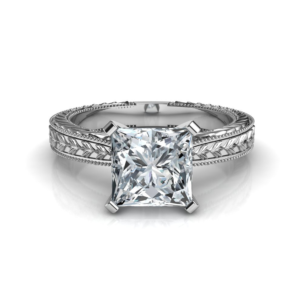 Princess Cut Solitaire Engagement Ring
 Hand Engraved Princess Cut Diamond Solitaire Engagement