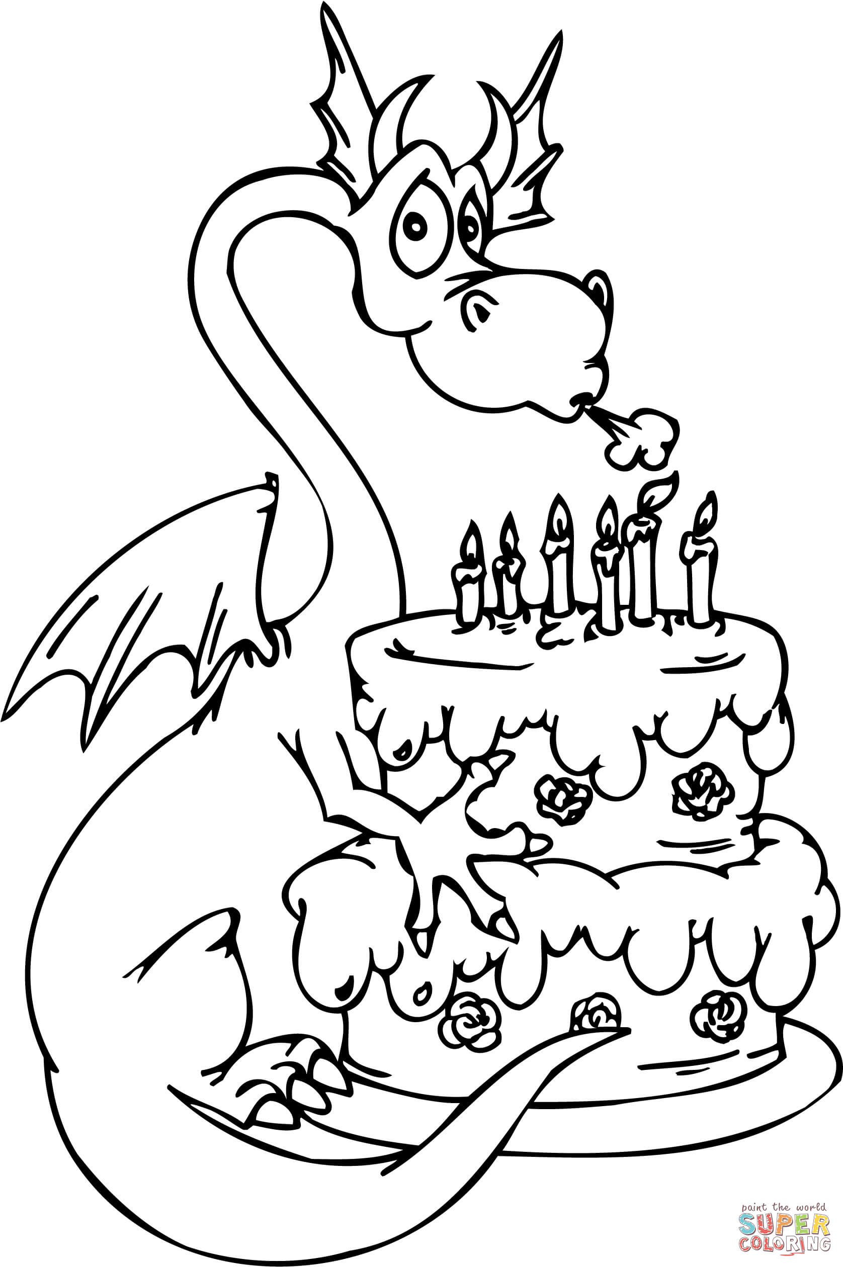 Printable Happy Birthday Coloring Pages
 Dragon with Happy Birthday Cake coloring page