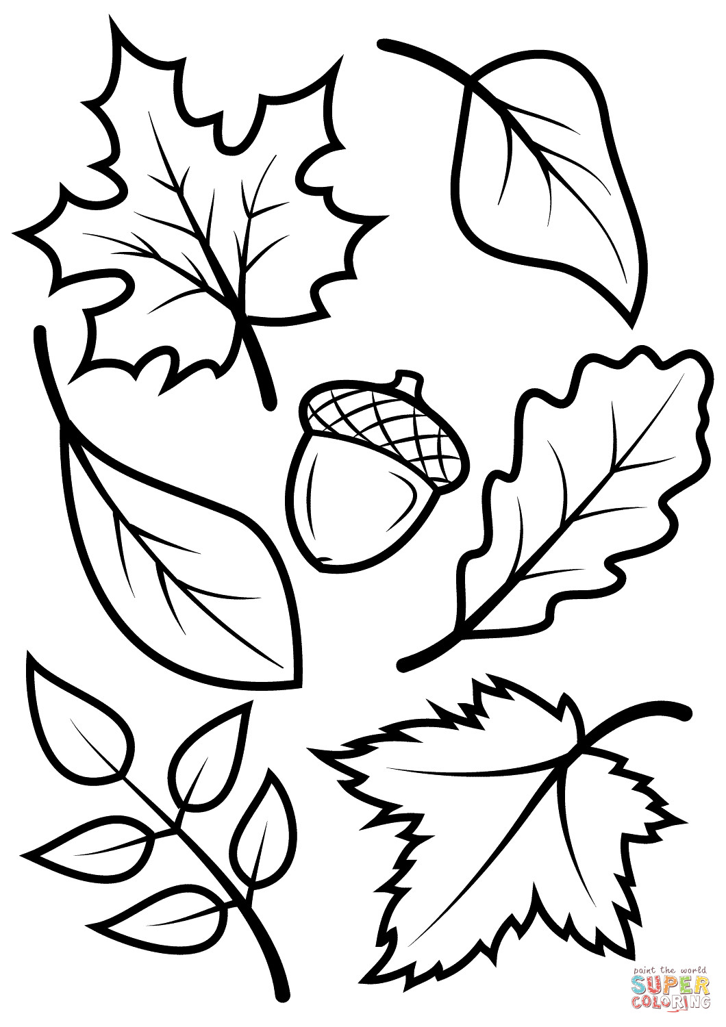 Printable Leaves Coloring Pages
 Fall Leaves and Acorn coloring page