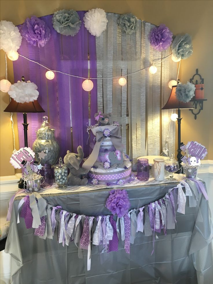 Purple Baby Shower Decor
 Grey and lavender baby shower Elephant theme So much fun