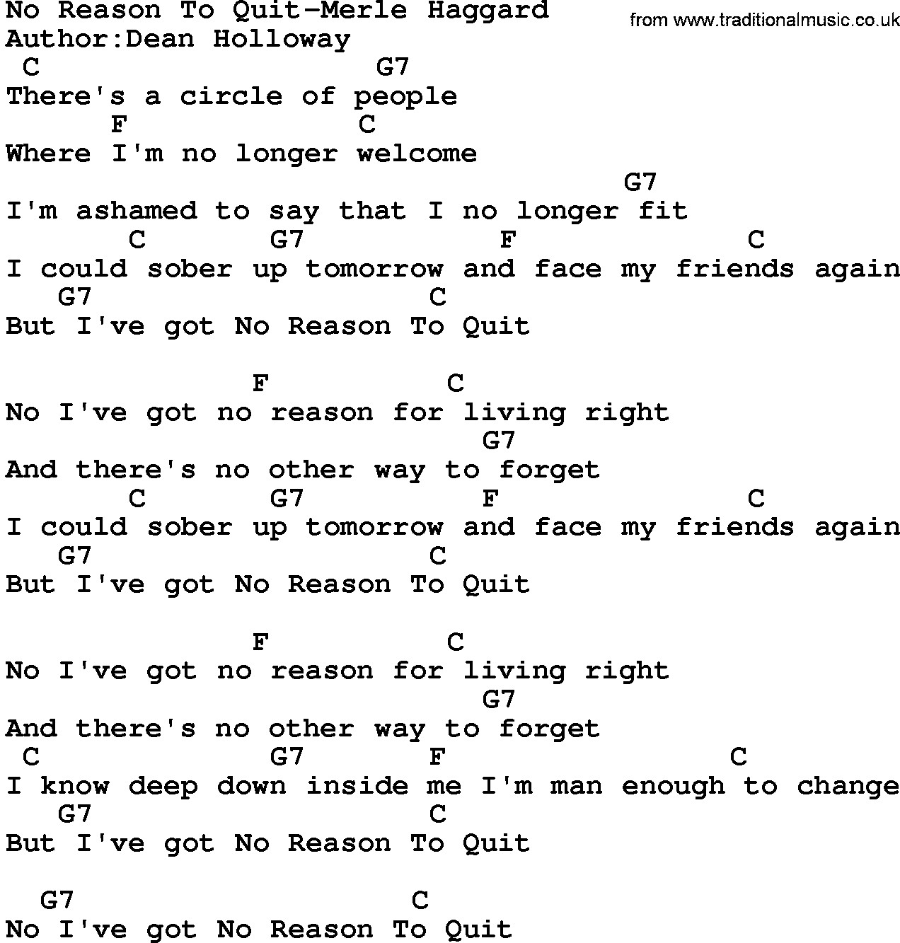 Rainbow Stew Lyrics
 Country Music No Reason To Quit Merle Haggard Lyrics and
