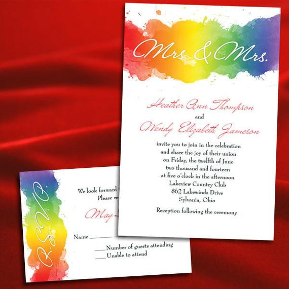 Rainbow Wedding Invitations
 Custom Rainbow Gay Lesbian Watercolor Wedding Invitations