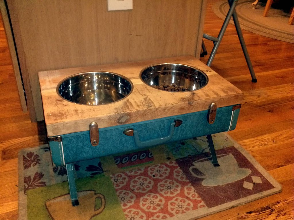 Raised Dog Bowl DIY
 DIY Raised Dog Bowls from Vintage Suitcase – Pet Project
