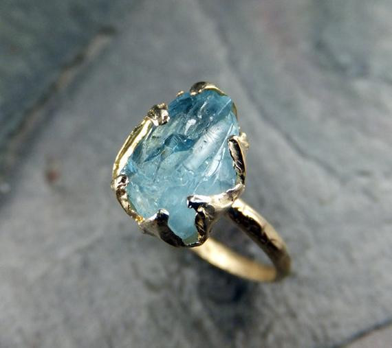 Raw Gemstone Rings
 Raw Aquamarine Ring Solid 14K Gold Ring e of a Kind Uncut