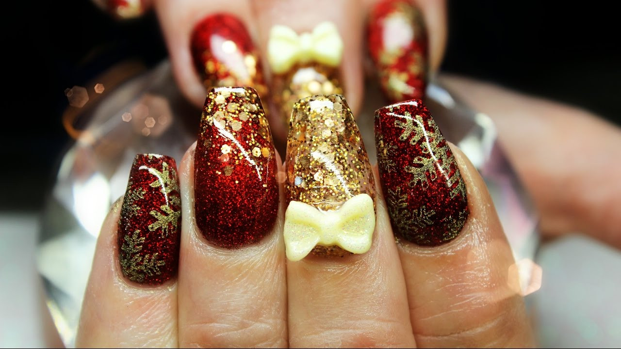 Red And Gold Glitter Nails
 ACRYLIC NAILS RED AND GOLD GLITTER