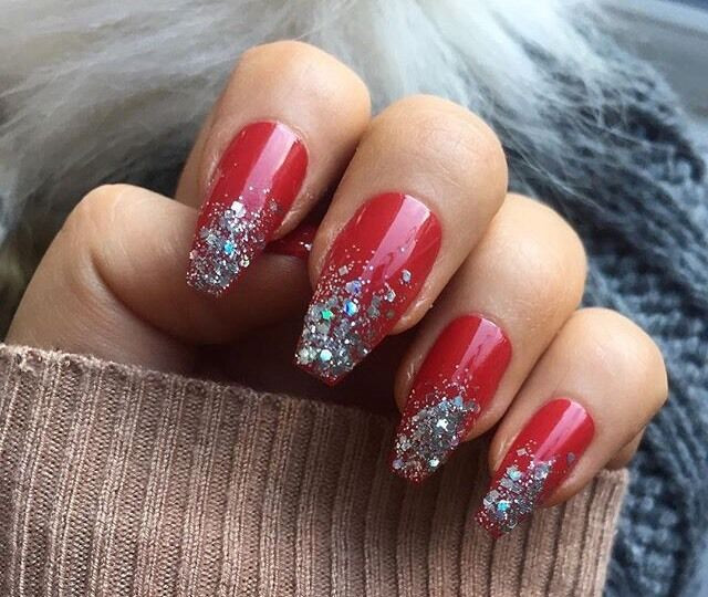 Red Glitter Tips Nails
 Hand Painted False Nails Red Coffin Square Full Cover