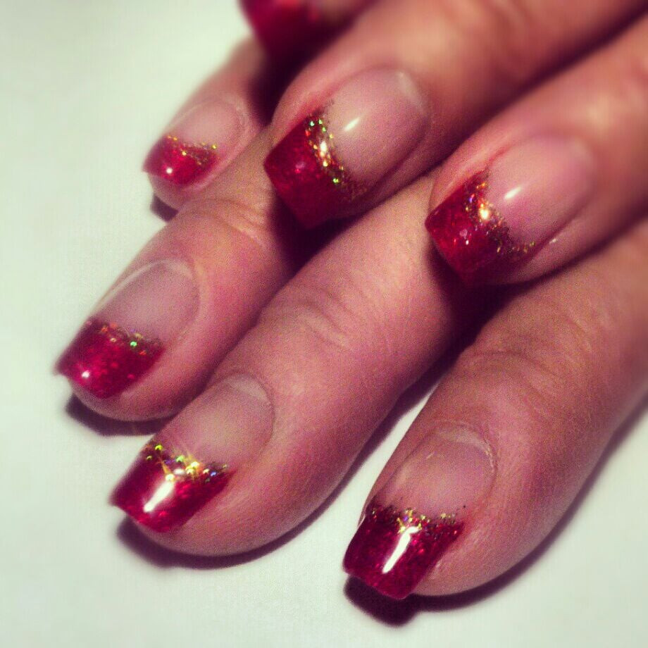 Red Glitter Tips Nails
 Dark red french tips with glitter by the amazing Kathy Yelp