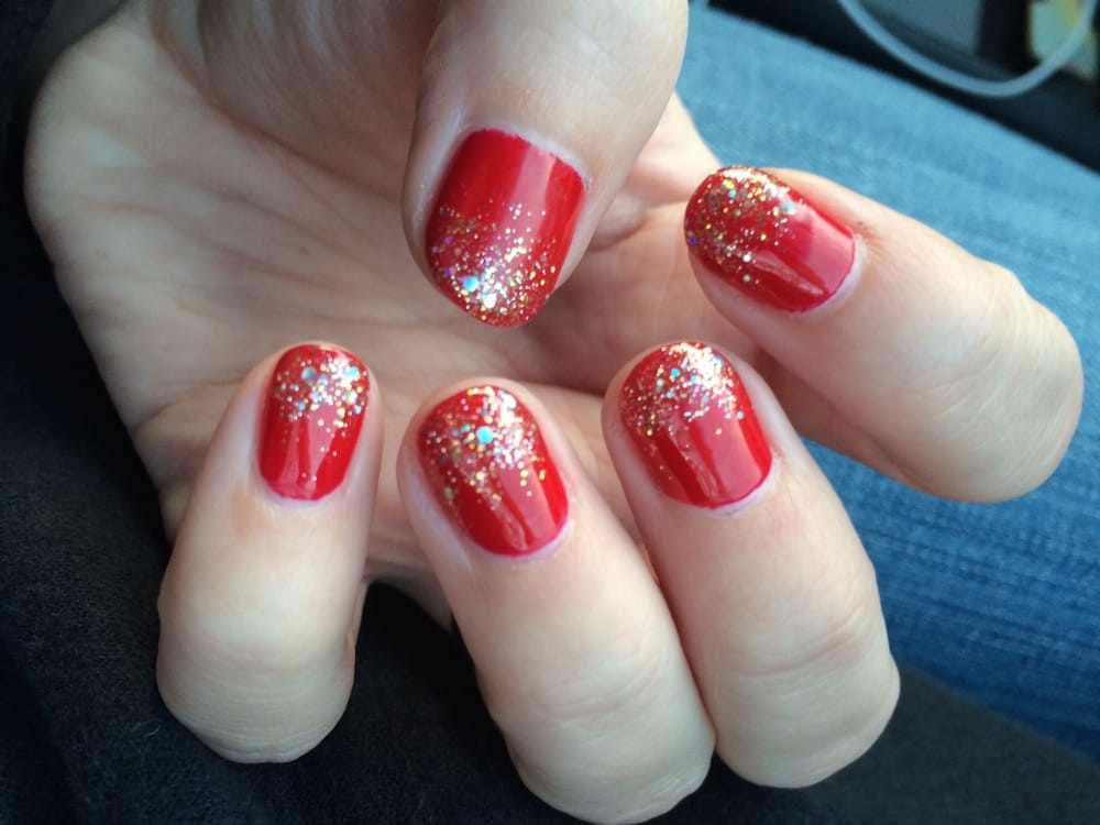 Red Glitter Tips Nails
 Christmas nails by Thu red nails with gold glitter tips