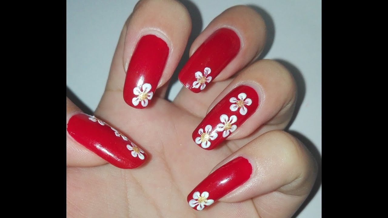 Red Nail Designs
 Easy Red and White DIY Flower Nail Art Tutorial No Tools