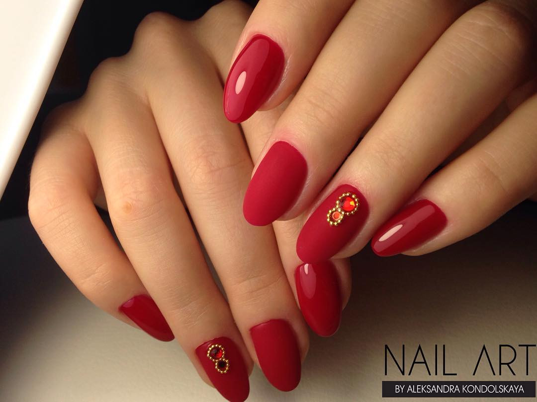 Red Nail Designs With Rhinestones
 Matte and Shiny Red Nails with Rhinestones Easy Nail Designs
