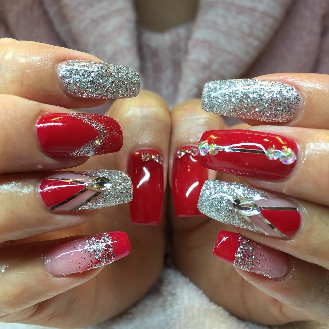 Red Nails With Silver Glitter
 26 Red and Silver Glitter Nail Art Designs Ideas