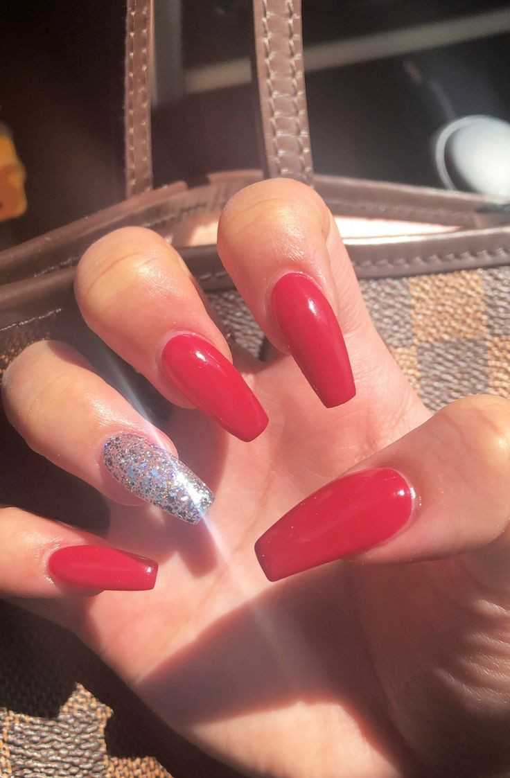 Red Nails With Silver Glitter
 Red coffin nails silver glitter Nails in 2019