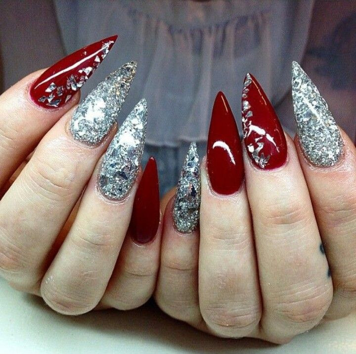 Red Nails With Silver Glitter
 Red & Silver Glitter Stiletto Acrylic Nails