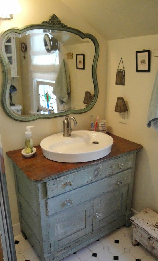 Repurposed Bathroom Vanities
 bathroom in grey repurposed dresser into vanity and
