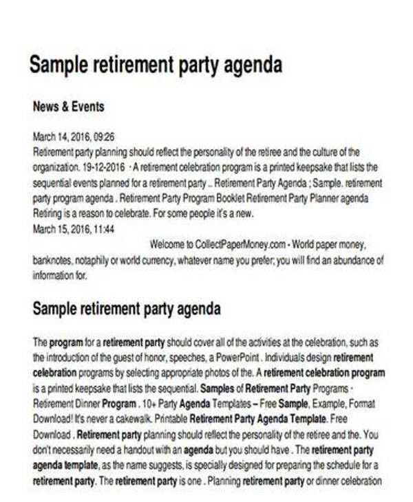 Retirement Party Program Ideas
 FREE 17 Party Agenda Samples and Templates