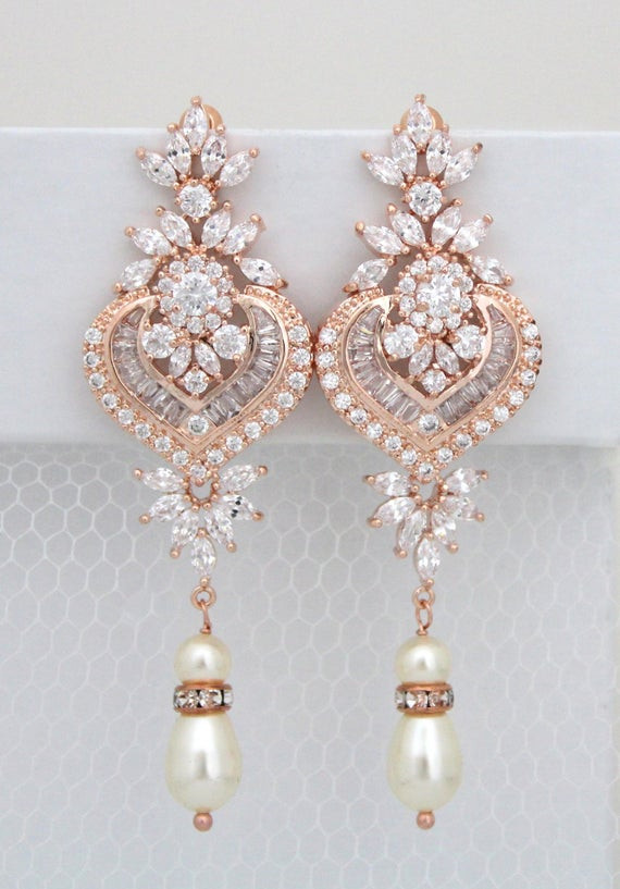 Rose Gold Chandelier Earrings
 Rose Gold Bridal earrings Chandelier Wedding by treasures570
