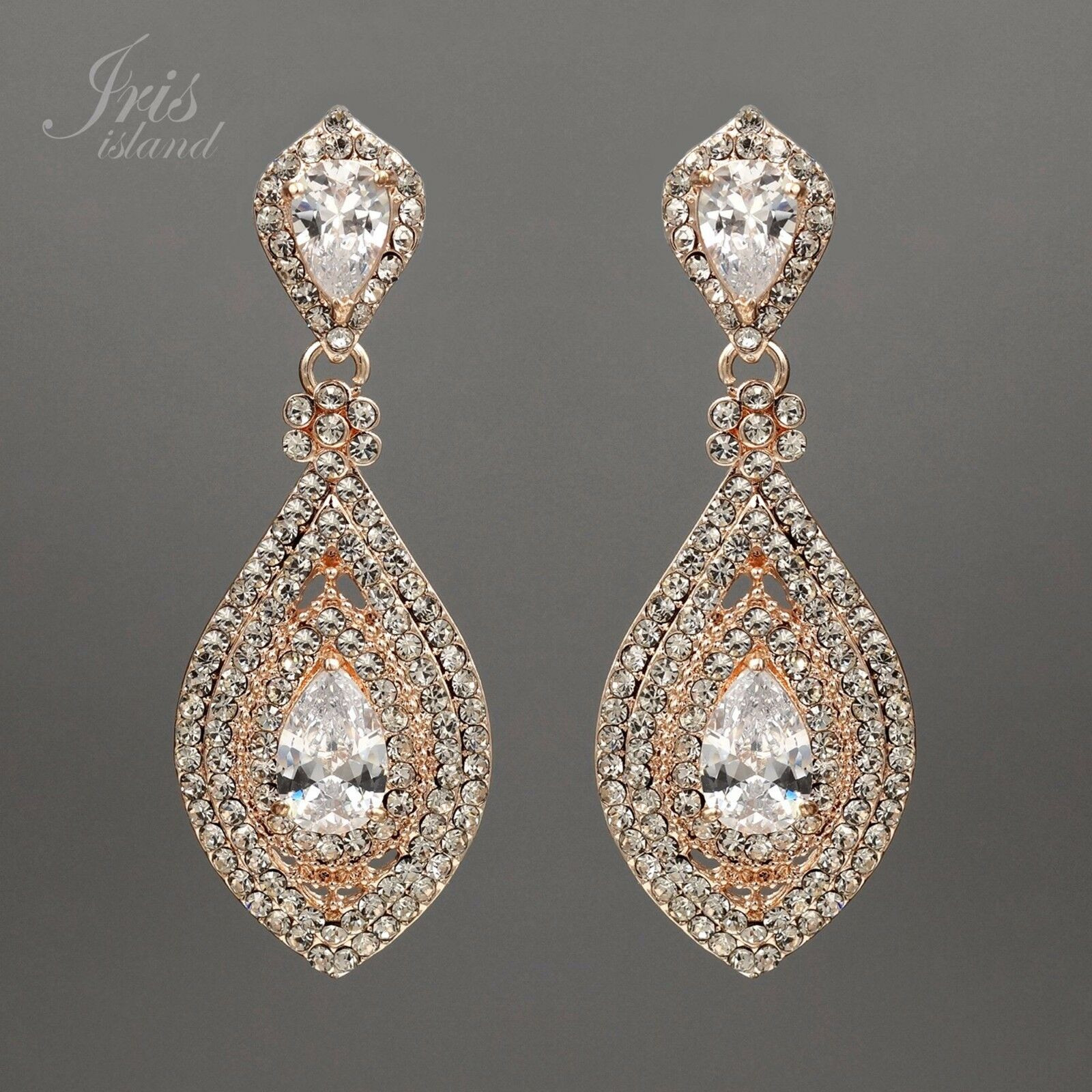 Rose Gold Chandelier Earrings
 ROSE GOLD Plated Clear Crystal Rhinestone CZ Bridal Drop