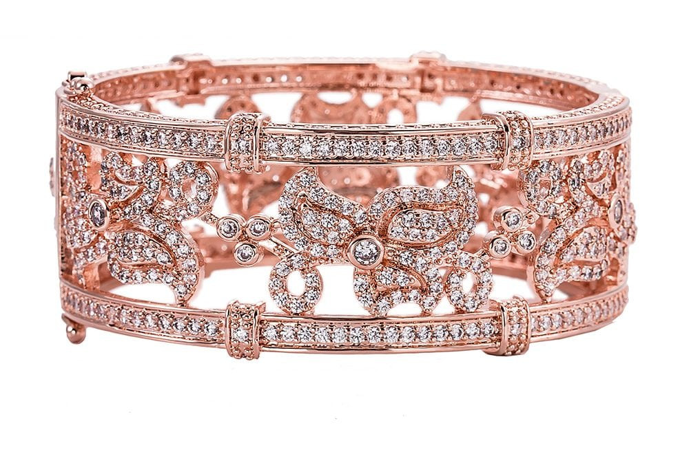Rose Gold Cuff Bracelet
 “18 KGP Rose Gold Floral Micro Pavé Cuff with Double