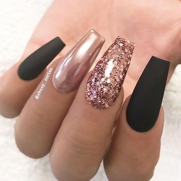 Rose Gold Nail Ideas
 REPOST Matte Black Rose Gold Glitter and Chrome on