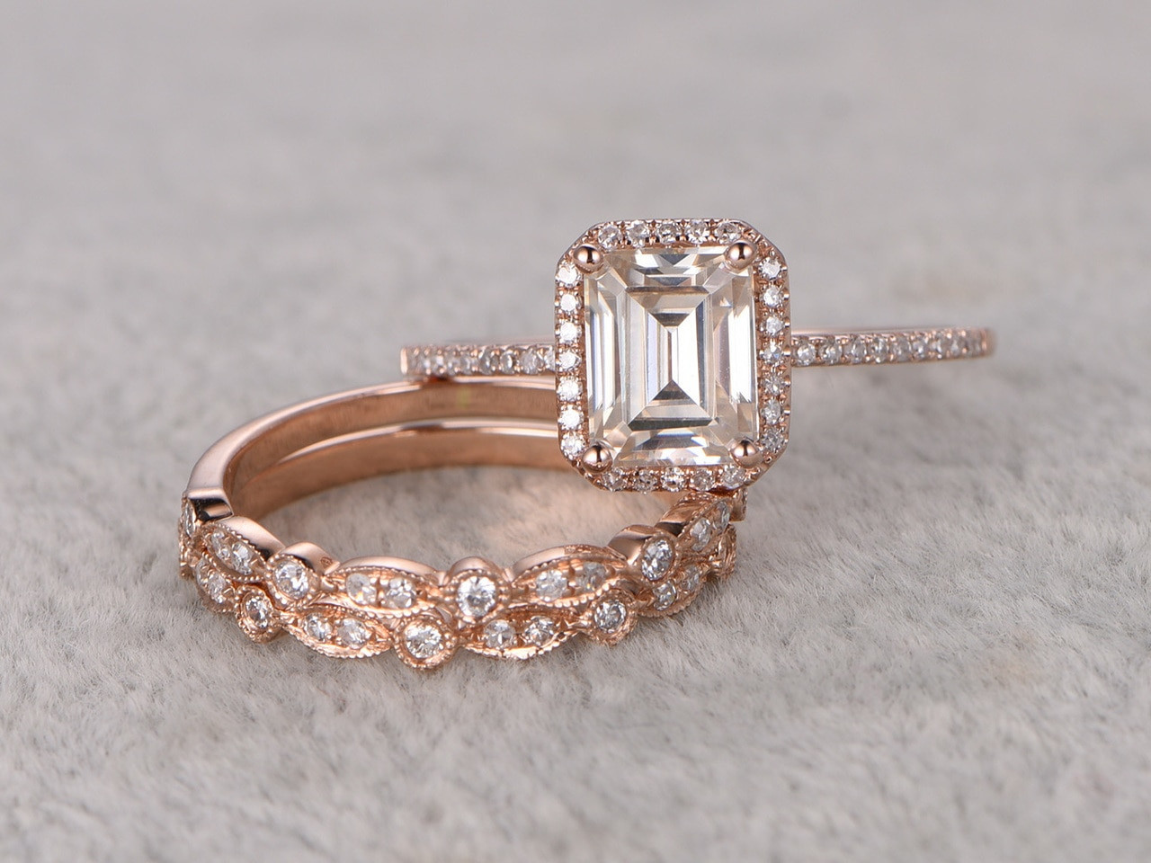 Rose Gold Wedding Band Sets
 3pcs Emerald Cut Moissanite Engagement Rings Diamond