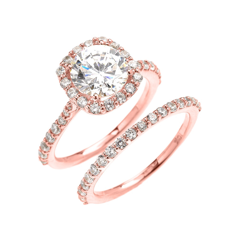 Rose Gold Wedding Band Sets
 Beautiful Dainty Rose Gold 3 Carat Halo Solitaire CZ