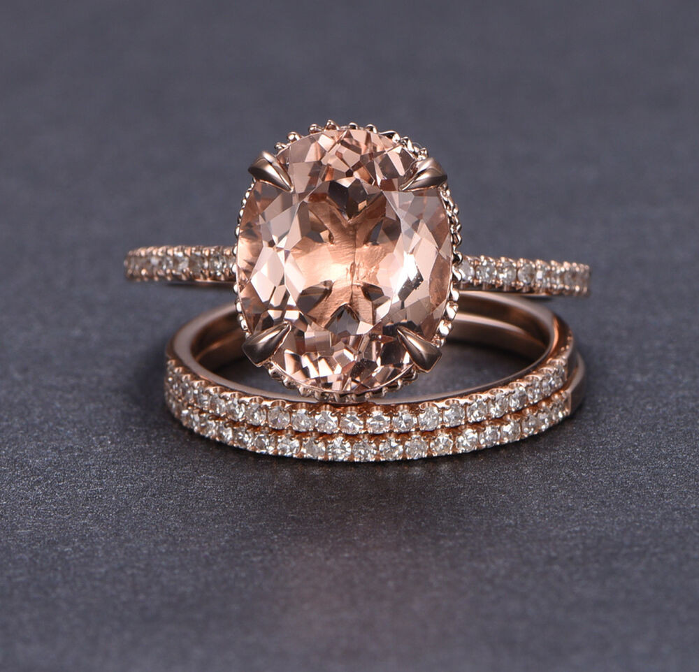 Rose Gold Wedding Ring Sets
 10x12mm Oval Cut Morganite Engagement Wedding Diamonds 3