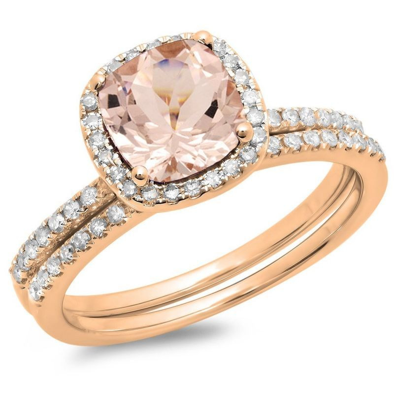 Rose Gold Wedding Ring Sets
 14K Rose Gold Cushion Cut Morganite & Round Cut White