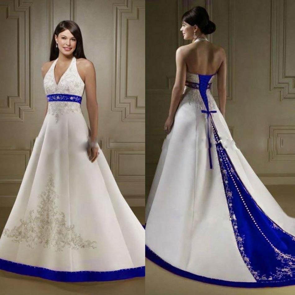 Royal Blue Wedding Dresses
 2017 Court Train Ivory and Royal Blue A Line Wedding