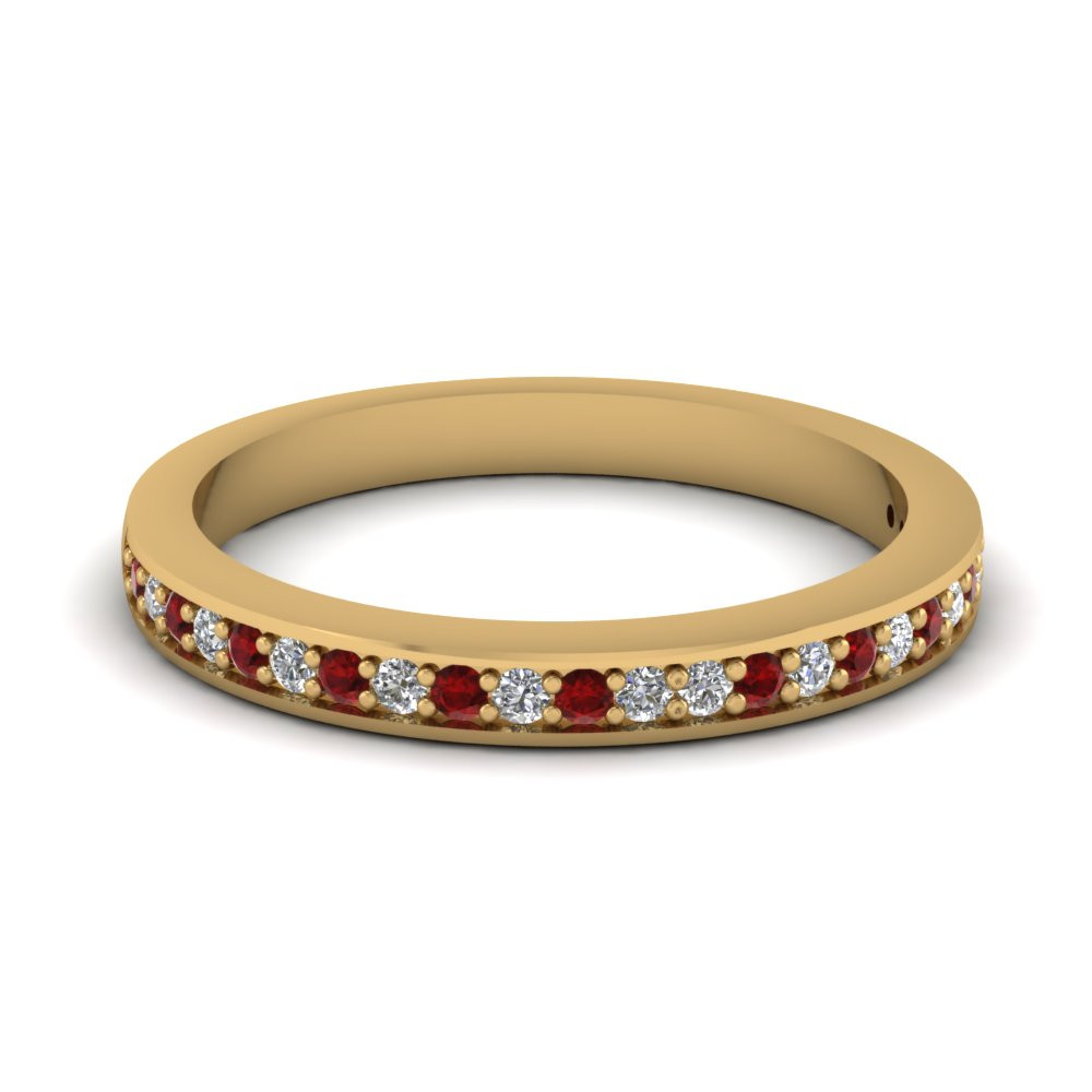 Ruby Wedding Band
 Yellow Gold Round Red Ruby Wedding Band With White Diamond