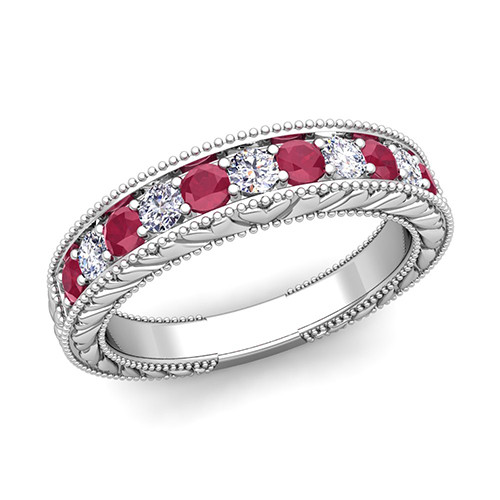 Ruby Wedding Band
 Vintage Diamond and Ruby Wedding Ring Band in 18k Gold