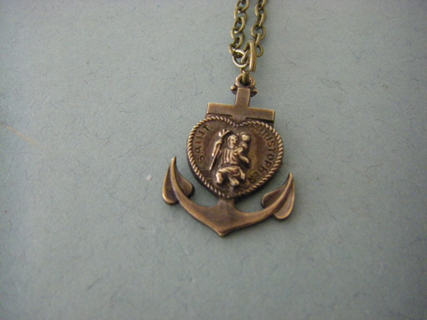 Saint Christopher Necklace
 Vintage St Christopher Medal Necklace Anchor Necklace Brass