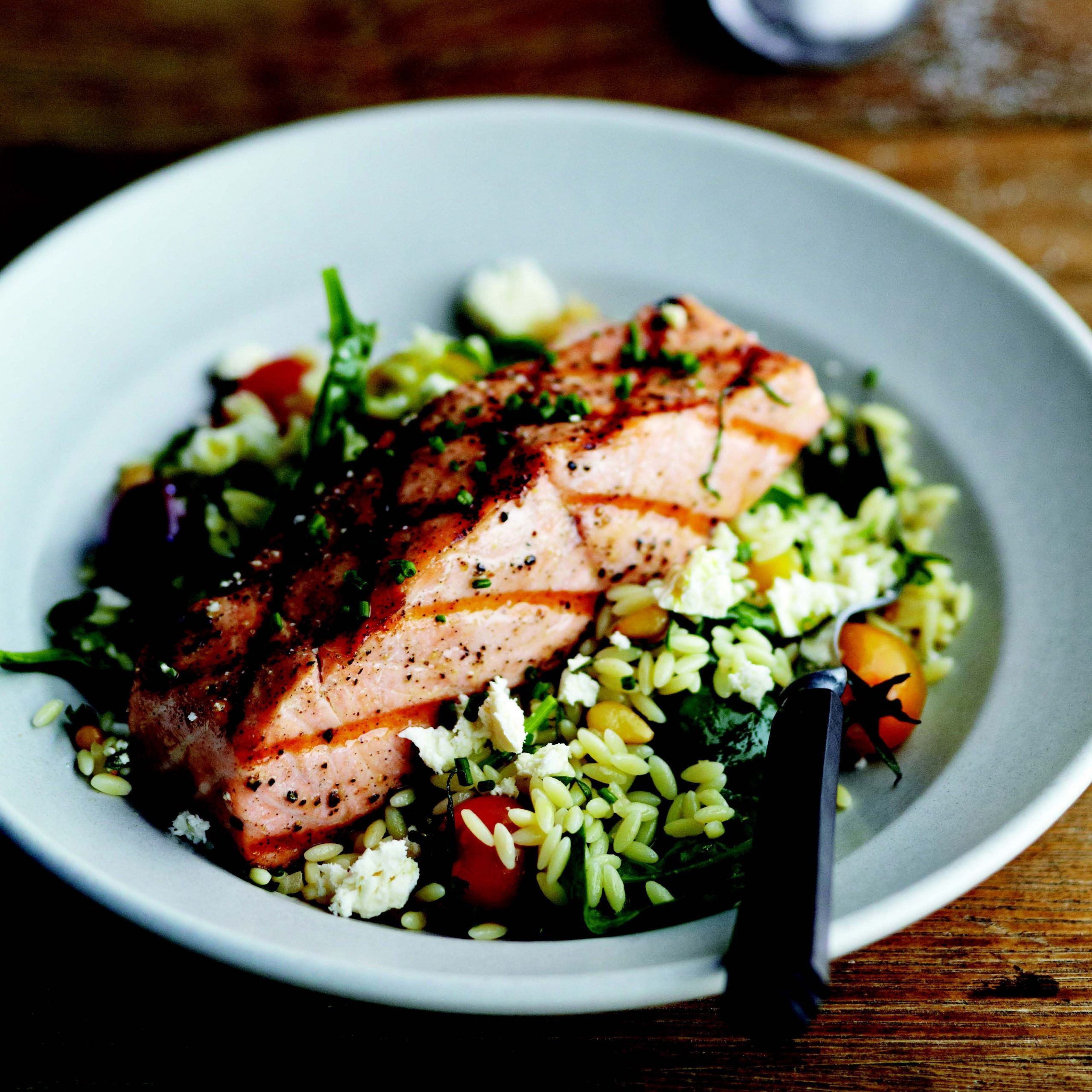 Salmon Dinner Sides
 Grilled Salmon with Orzo Feta and Red Wine Vinaigrette